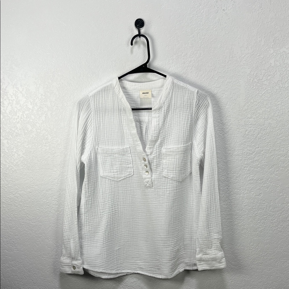 Mote V-Neck Tunic Top Sz S White Henley Pockets Bohemian Gauze Cotton TC0617